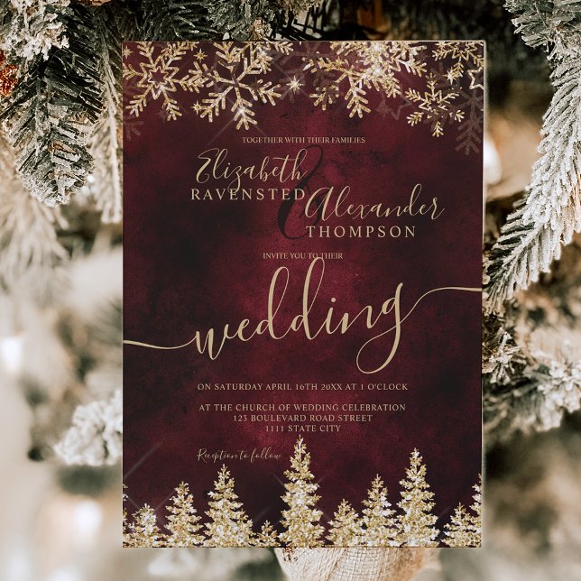 Convite Casamento no inverno de Natal vermelho com pinheir (Chic gold snow pine red Christmas winter wedding Invitation)