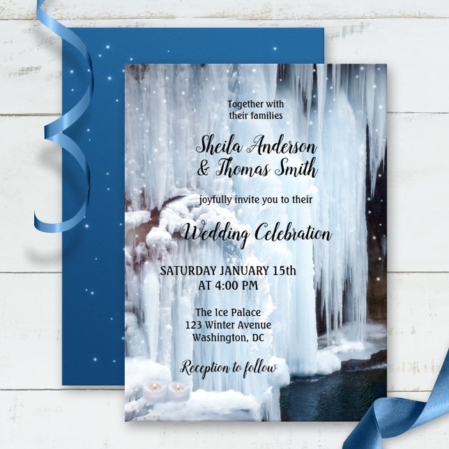 Convite Casamento no inverno de neve espumante em cascata  (Winter invitation featuring a frozen waterfall with candles and sparkling light snow flakes.)