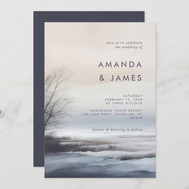 Convite Casamento no inverno de Paisagem Abstrato Cênico E (Frente/Verso)