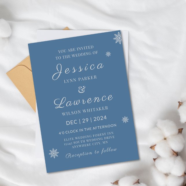 Convite Casamento no inverno de Prata Azul Elegante Modern (Modern Elegant Snow Dusty Blue Silver Winter Wedding Invitations)