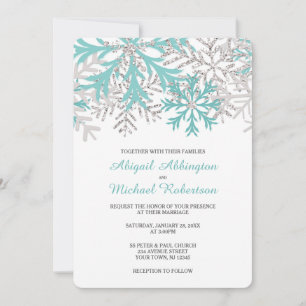 Convite Casamento no inverno de Prata Azul Teal Flocos de