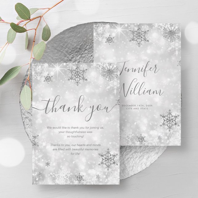 Convite Casamento no inverno de Prata Espetacular Agradece (Festive Sparkle Silver Winter Wedding Thank You Invitation)