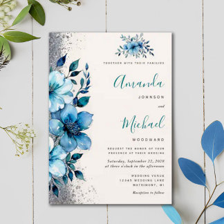 Convite Casamento no inverno de Queda Floral de Turquoise