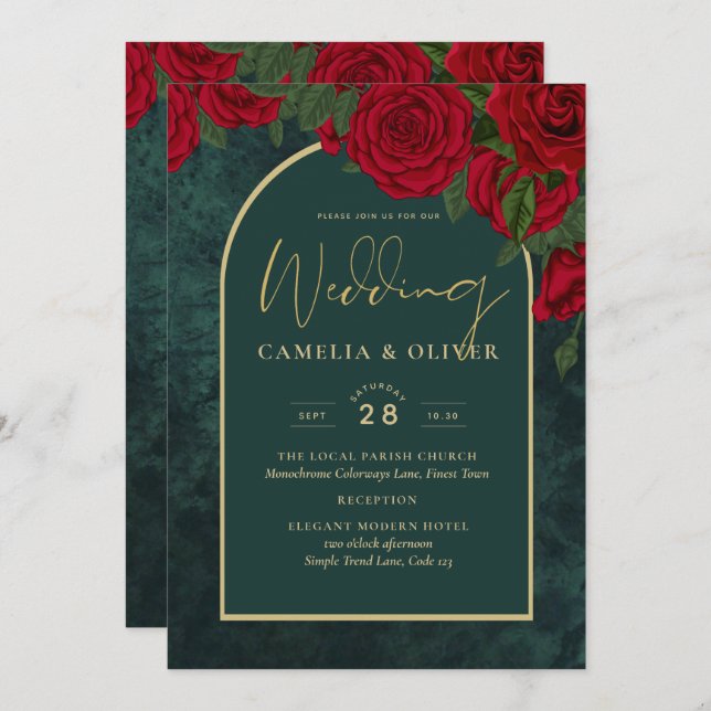 Convite Casamento no inverno de Rosas vermelhas Douradas V (Frente/Verso)