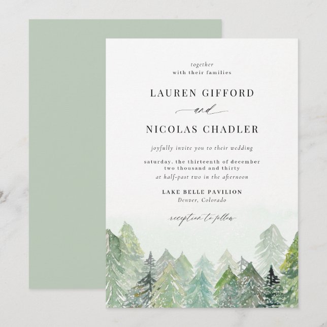 Convite Casamento no inverno de Watercolor Snowy Woodland (Frente/Verso)