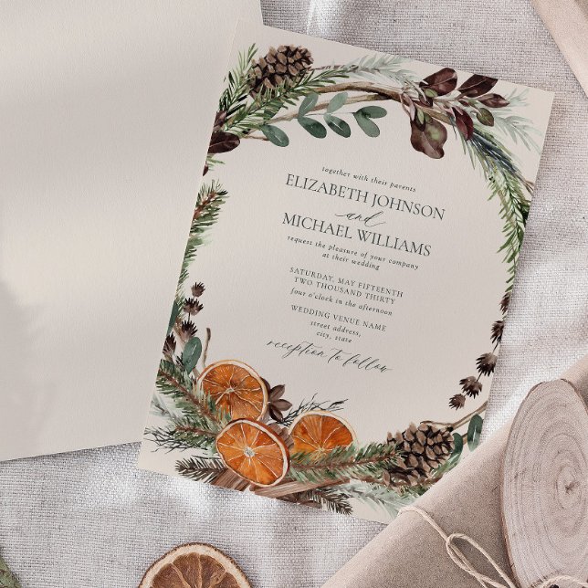 Convite Casamento no inverno Elegante Citrus Boho Greenery (Easily personalize this formal bohemian citrus invitation for the perfect fall or winter wedding)