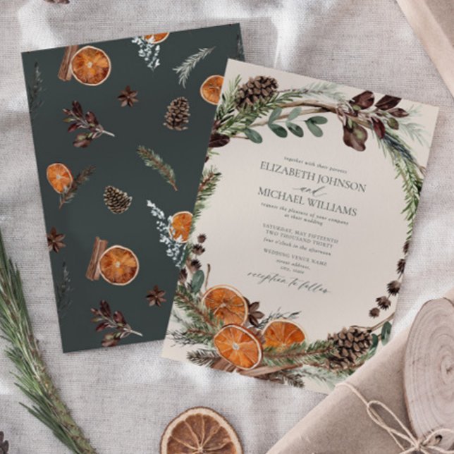 Convite Casamento no inverno Elegante Dark Boho Citrus Gre (Easily personalize this formal bohemian citrus invitation for the perfect fall or winter wedding)