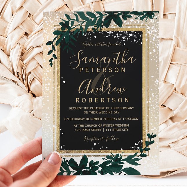 Convite casamento no inverno elegante de neve com tipograf (Criador carregado)