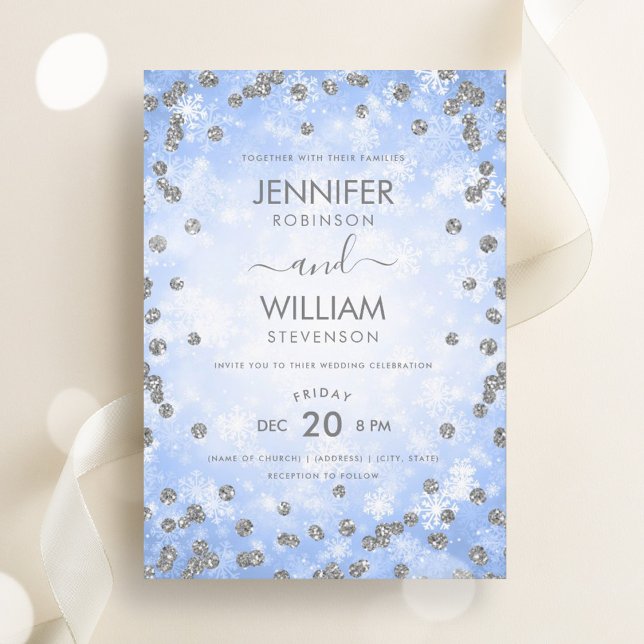 Convite Casamento no inverno Elegante de Prata Azul Festiv (Festive Blue Silver Elegant Winter Wedding Invitation)