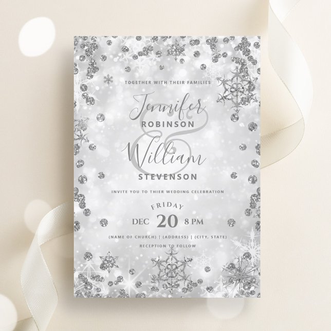 Convite Casamento no inverno Elegante de Prata Festiva (Festive Silver SPARKLE Elegant Winter Wedding Invitation)