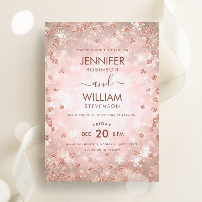 Convite Casamento no inverno Elegante Dourado e Festivo Mo (Modern Festive Rose Gold Elegant Winter Wedding Invitation)