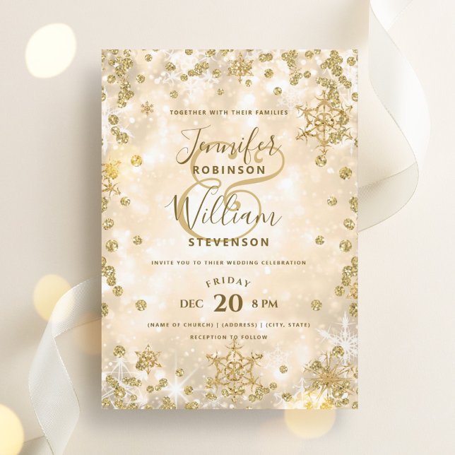 Convite Casamento no inverno elegante Dourado Festivo (Festive Gold SPARKLE Elegant Winter Wedding Invitation)