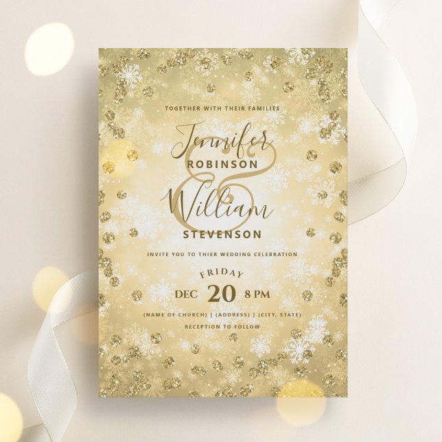 Convite Casamento no inverno elegante Dourado festivo (Festive Gold Glitter Elegant Winter Wedding Invitation)