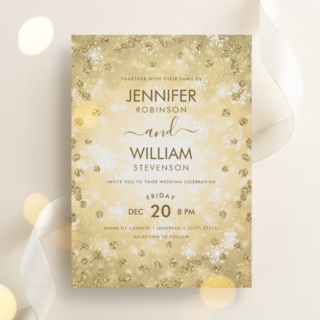 Convite Casamento no inverno Elegante Dourado Festivo Mode (Modern Festive Gold Elegant Winter Wedding Invitation)