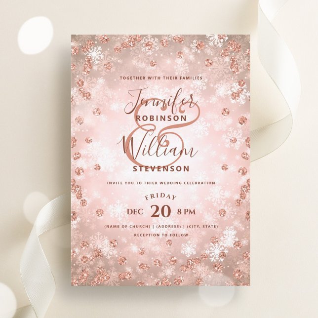 Convite Casamento no inverno elegante Dourado Rosa festivo (Festive Rose Gold Glitter Elegant Winter Wedding Invitation)