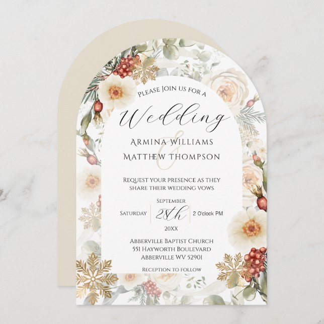 Convite Casamento no inverno Elegante e Arca Floral de Pin (Frente/Verso)