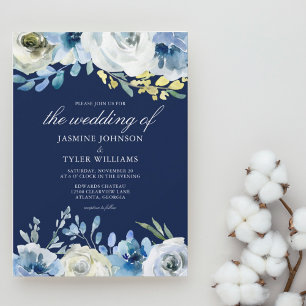 Convite Casamento no inverno Elegante Floral Azul marinho