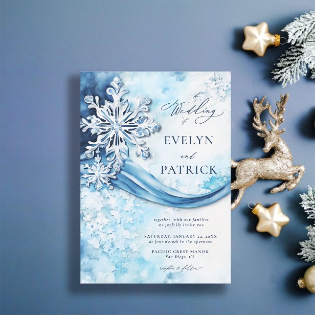 Convite Casamento no inverno Elegante Moderno com Flocos d (winter wedding invitation elegant white frozen snow blue white silver modern classic christmas)