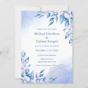 Convite casamento no inverno floral azul de aquarela cláss