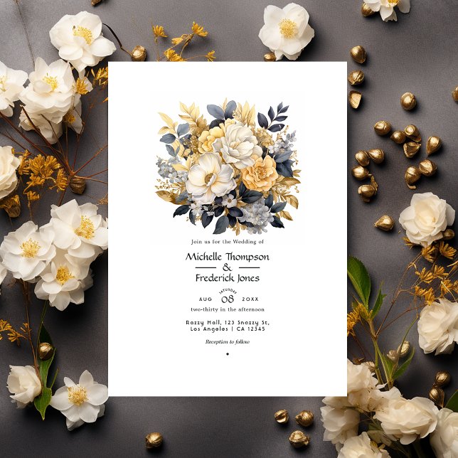Convite Casamento no inverno Floral Dourado, Preto e Branc (Criador carregado)