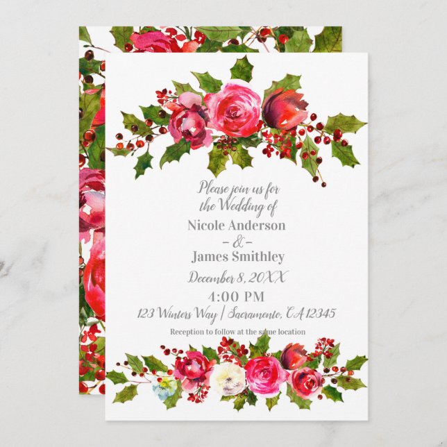 Convite Casamento no inverno Floral Holly Berry Sai Feriad (Frente/Verso)