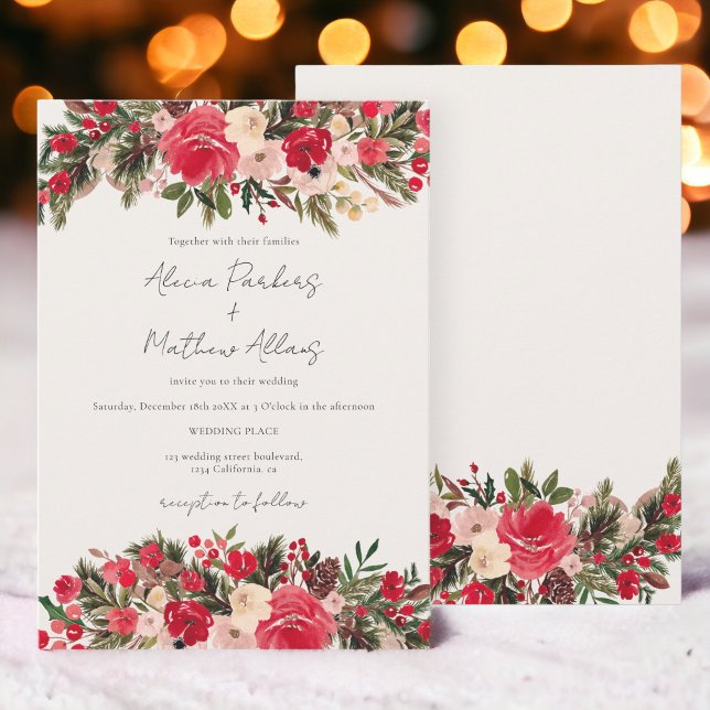Convite Casamento no inverno Floral Vermelho Russo (Rustic Red green Floral Winter Wedding Invitation)