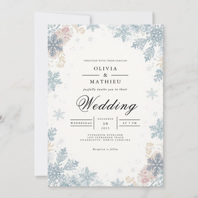 Convite Casamento no inverno fosco Blue Snowflakes (Frente)