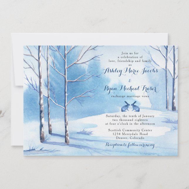Convite Casamento no inverno Invitation Watercolor Trees R (Frente)