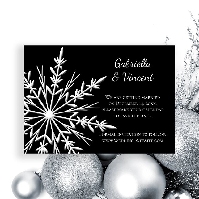 Convite Casamento no inverno preto branco com floco de nev (Set a wintery  tone for your marriage with the Black White Snowflakes Winter Wedding Save the Date.)