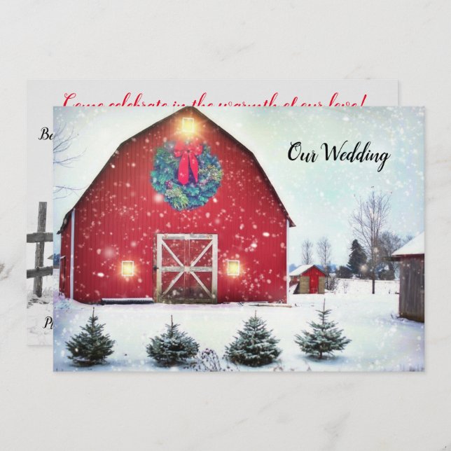 Convite Casamento no inverno Red Barn Personalizado (Frente/Verso)