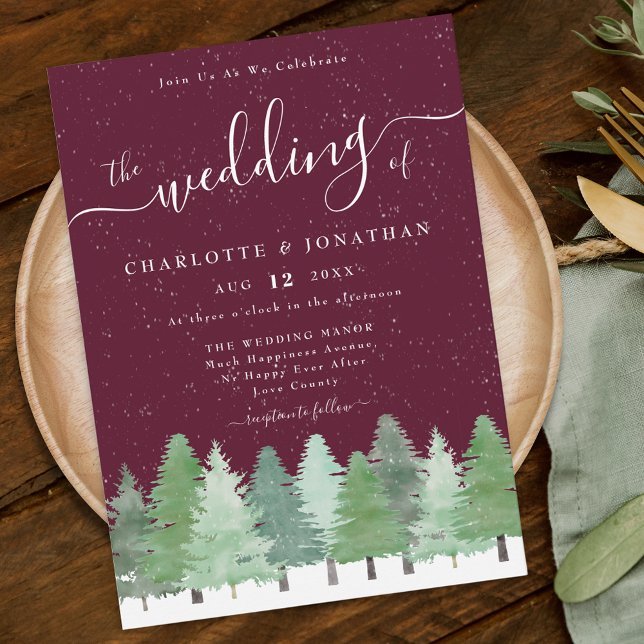 Convite Casamento no inverno Russo de Floresta Moderna (Rustic elegant watercolor snowy evergreen Woodland forest burgundy winter wedding invitation)