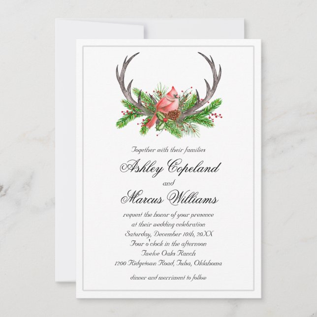 Convite Casamento no inverno Rustic Antlers Boho Woodland (Frente)
