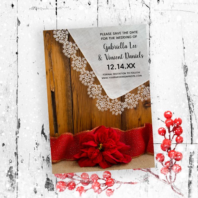 Convite Casamento no inverno Rustic Red Poinsettia Salvar  (Set the tone for your December winter wedding with this festive save the date.)