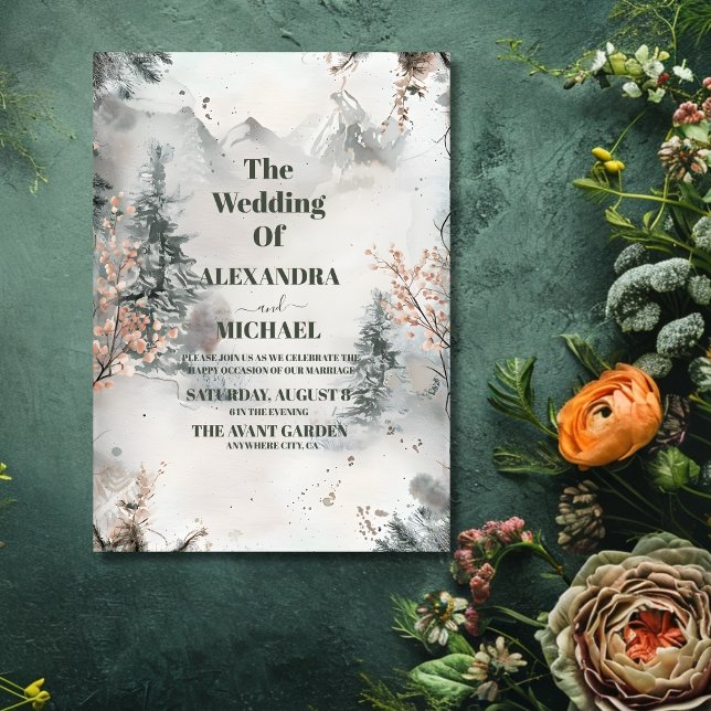 Convite Casamento no inverno Rustic Watercolor Mountain (Criador carregado)