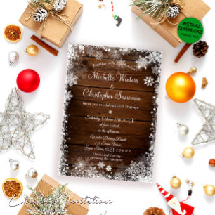 Convite Casamento no inverno Rustic Wood and Snowflakes