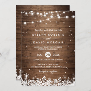 Convite Casamento no inverno Rustic Wood String Luzes Snow
