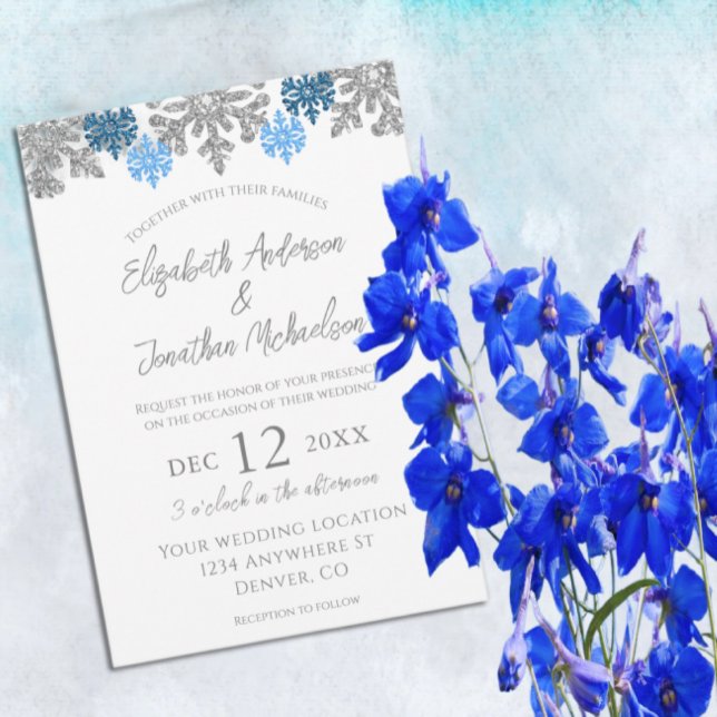 Convite Casamento no inverno Silver Blue Snowflakes (Criador carregado)