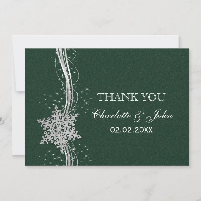 Convite casamento no inverno Silver Snowflakes verde Obrig (Frente)