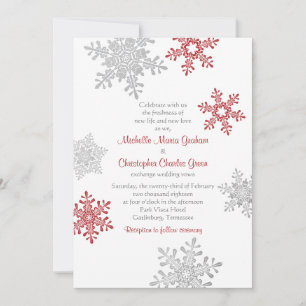 Convite Casamento no inverno Simples Red Silver Snowflake
