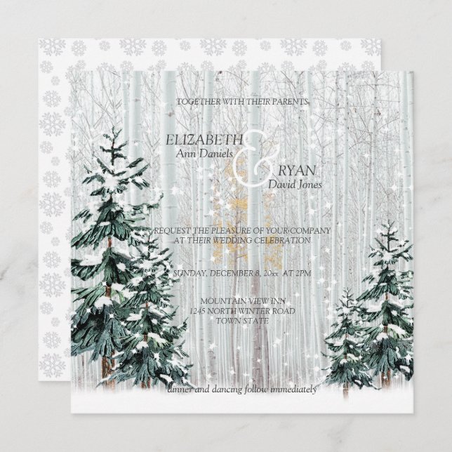 Convite Casamento no inverno Sparkle Snowflakes Pine Trees (Frente/Verso)