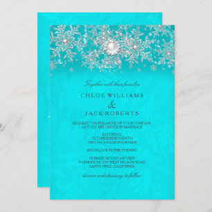 Convite Casamento no inverno Teal Crystal Pearl Snowflake