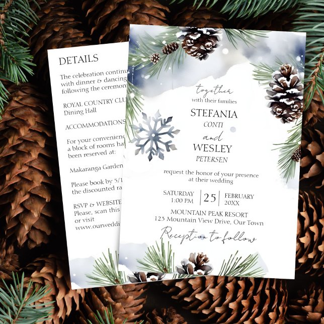 Convite Casamento no inverno tudo em um modelo de pinheiro (Winter wedding all in one editable template invitation digital download watercolor snowy pines grey)