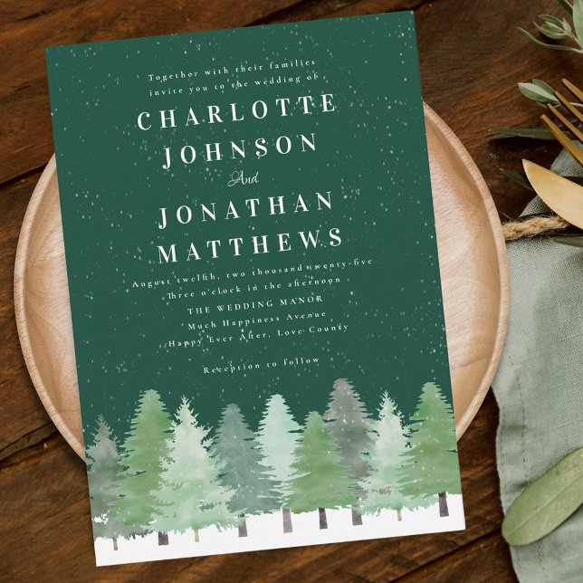 Convite Casamento no inverno Verde da Floresta Florestal M (Watercolor forest snowy Woodland green winter wedding invitation)