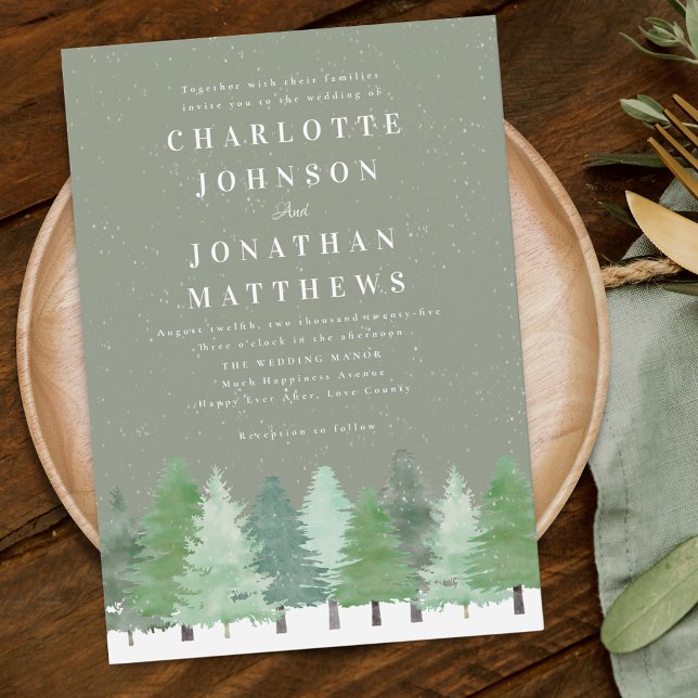Convite Casamento no inverno Verde da Floresta Florestal M (Modern Woodland forest sage green winter wedding invitation Watercolor evergreen trees snow scene)