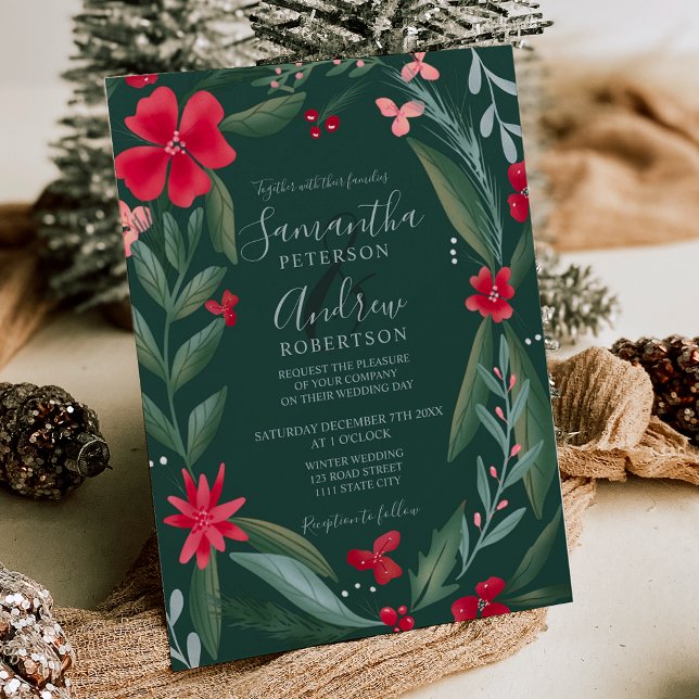 Convite Casamento no inverno verde-vermelho de coroa flora (Red green floral wreath pattern winter wedding invitation)