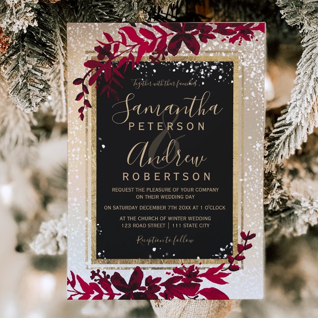 Convite casamento no inverno vermelho de neve  dourado (gold typography leaf snow red winter wedding invitation)