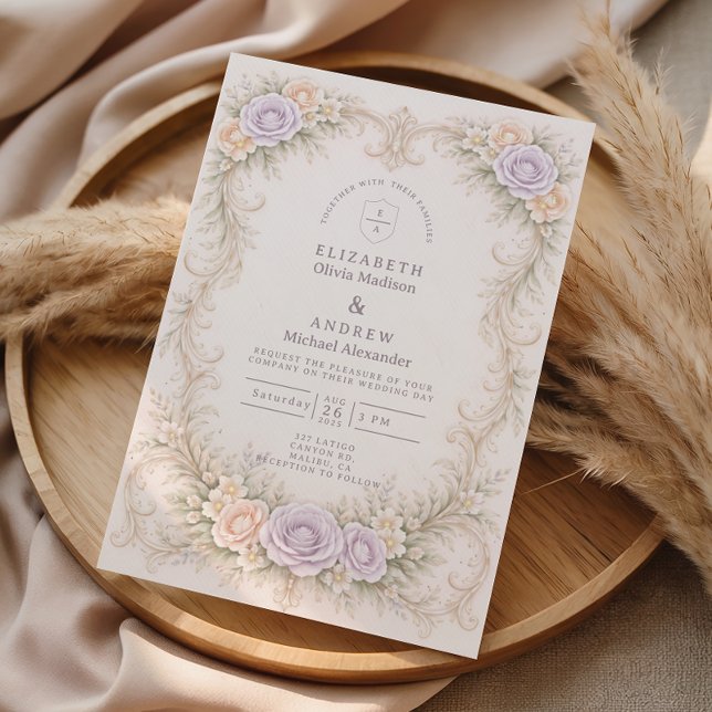 Convite Casamento no Jardim Barroco com Tom de Bege Lavand (Criador carregado)