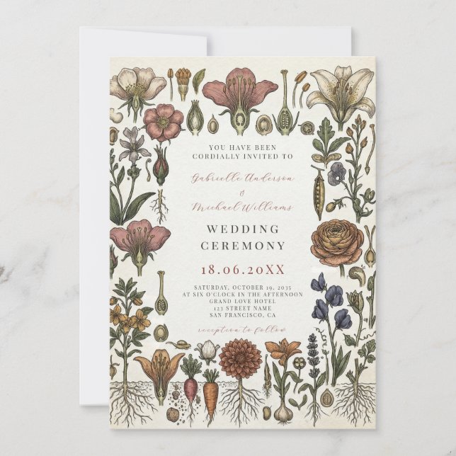 Convite Casamento no Jardim Botânico com Tema de Vegetais  (Frente)