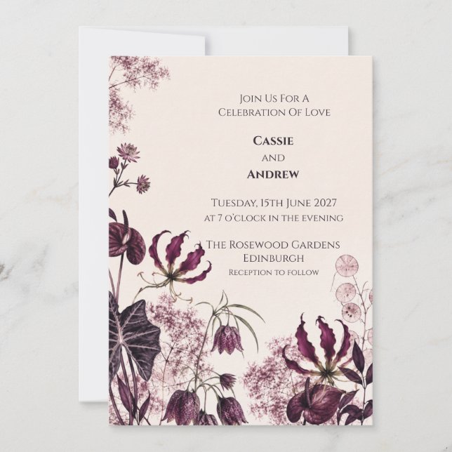 Convite Casamento no Jardim Botânico Deep Plum (Frente)