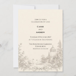 Convite Casamento no Jardim com Cisnes Toile Vintage